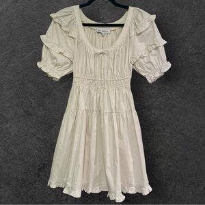 NWOT En Saison Cream Ruffle Short Puff Sleeves Tie Bow Cotton Poplin Mini Dress